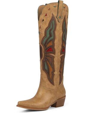 Women light Brown Cowboy Knee High Chunky Heel Butterfly Cowgirl Boots Wide Calf